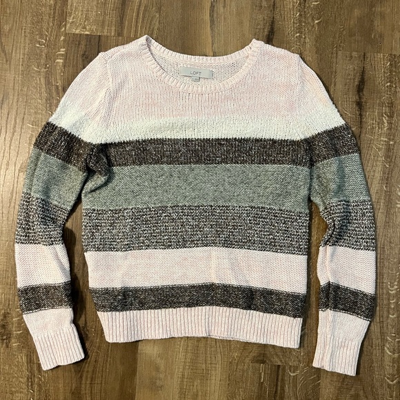 LOFT Sweaters - LOFT Striped Crewneck Sweater - Light Pink, Sage Green, Brown